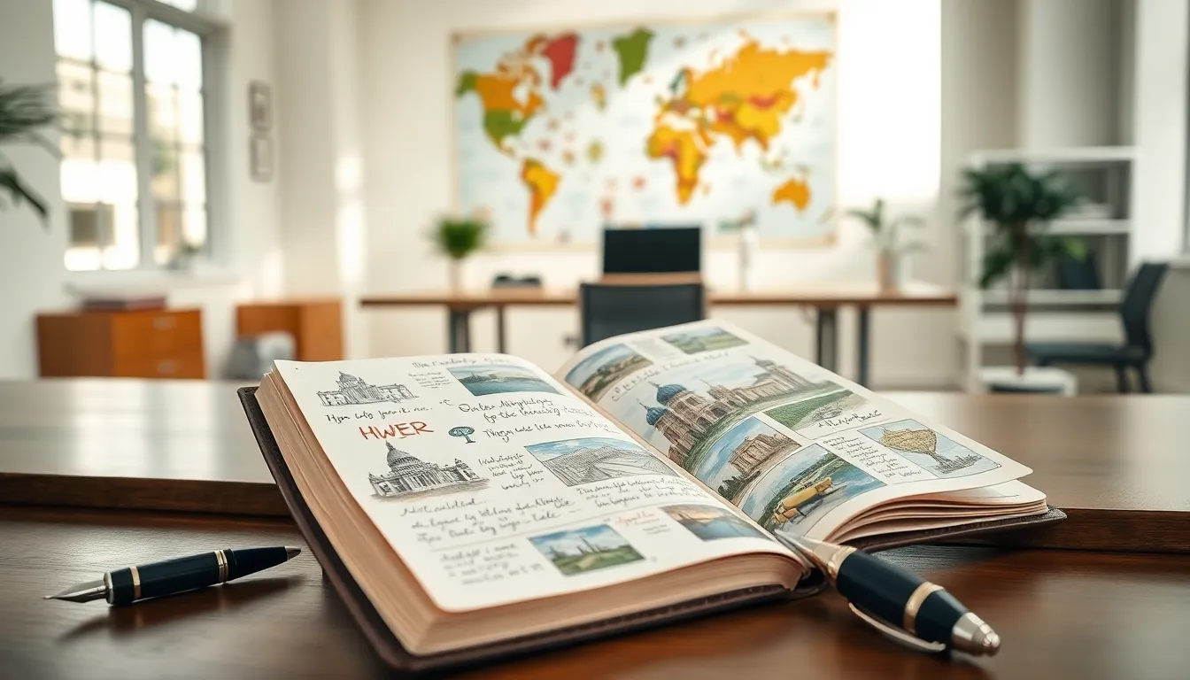 an open travel diary with notes and photos in a modern office.
