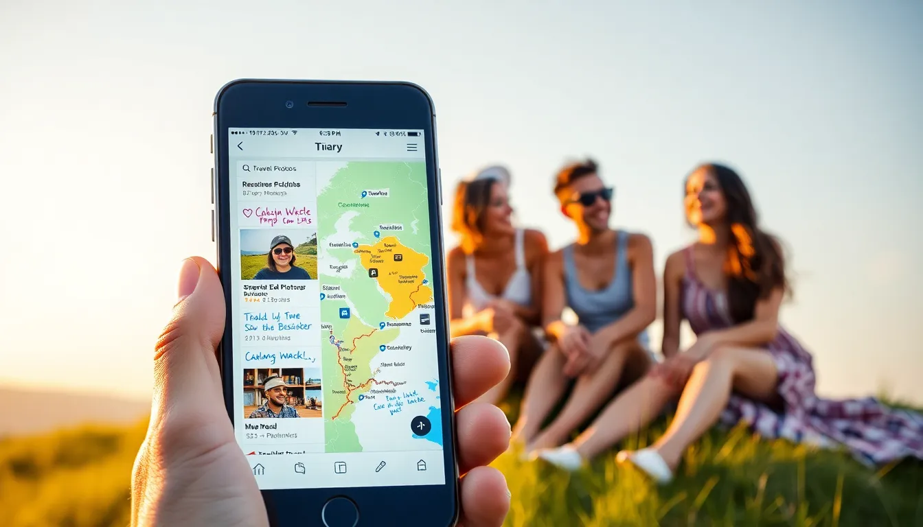 friends using a travel diary app in a scenic outdoor setting.